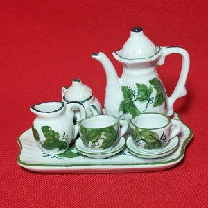 VTG Miniature Teapot Set Ivy Green Leaves 10 Pc